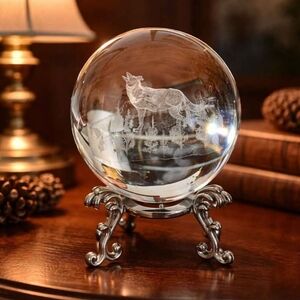 New In Box Miniature 3" Glass Wolf Gazing Ball With Stand